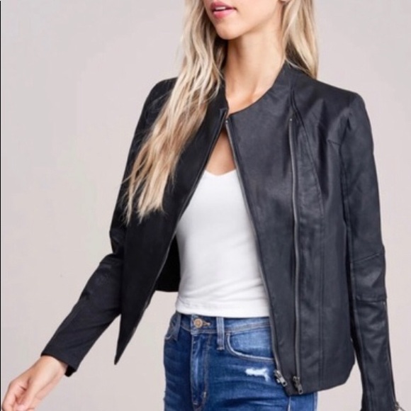 Olivaceous Jackets & Blazers - Olivaceous Navy Faux Leather Moto Jacket Size Med